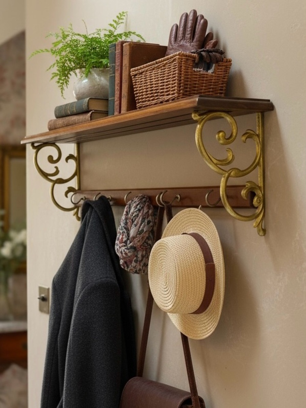 Vintage 30” Wood Wall Display Shelf 5 Brass Hooks Plate Groove Farmhouse Cottage
